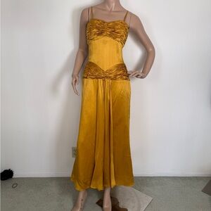 Golden Yellow Satin Slip Dress with Ruched Accents